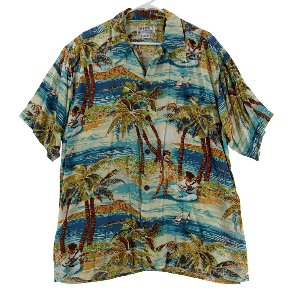 Avanti Shirt Mens XL Multicolor Silk Hawaiian Hula Girl Ukulele Button Front